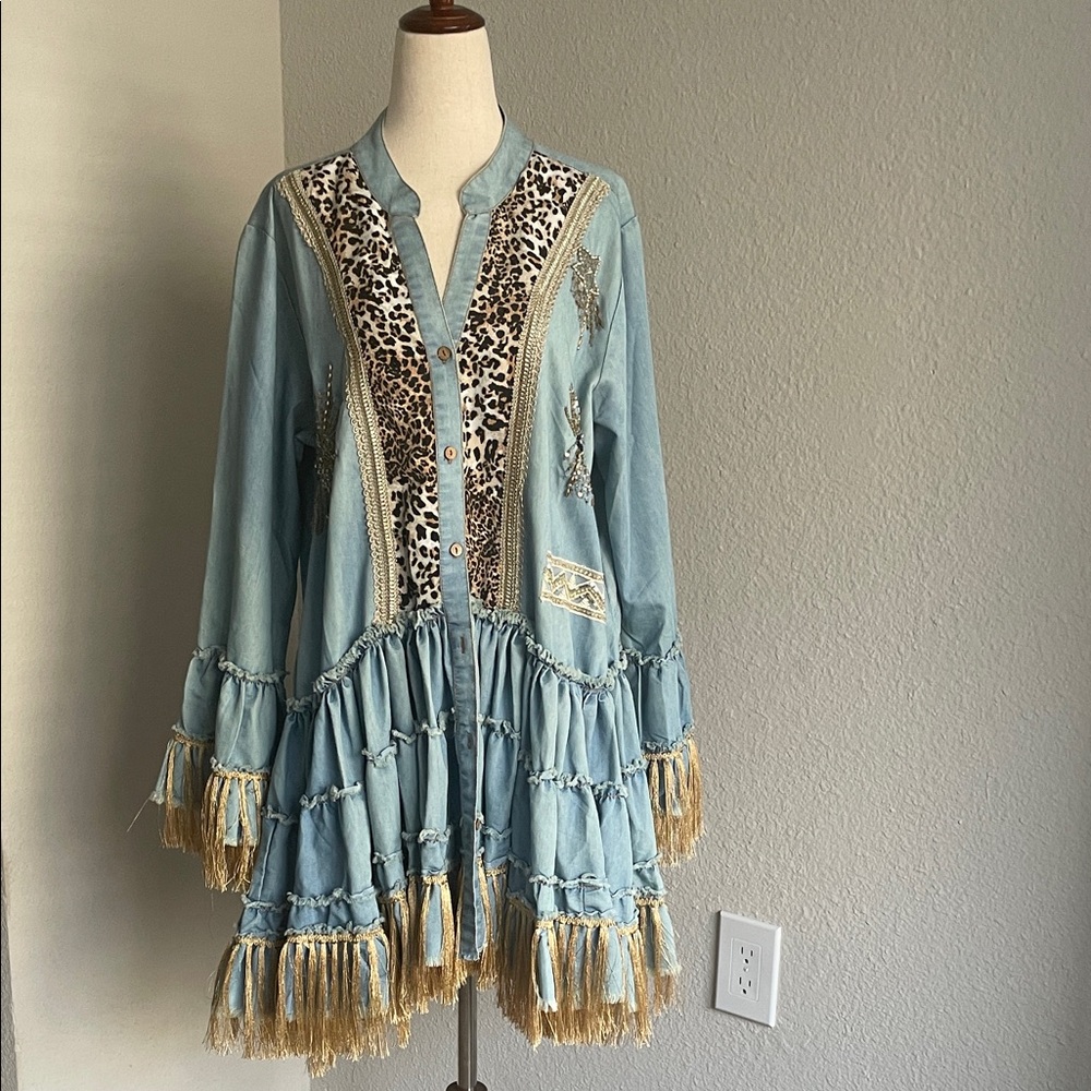 Light Blue Tiered Boho Dress with Leopard Trim by Encandilata.